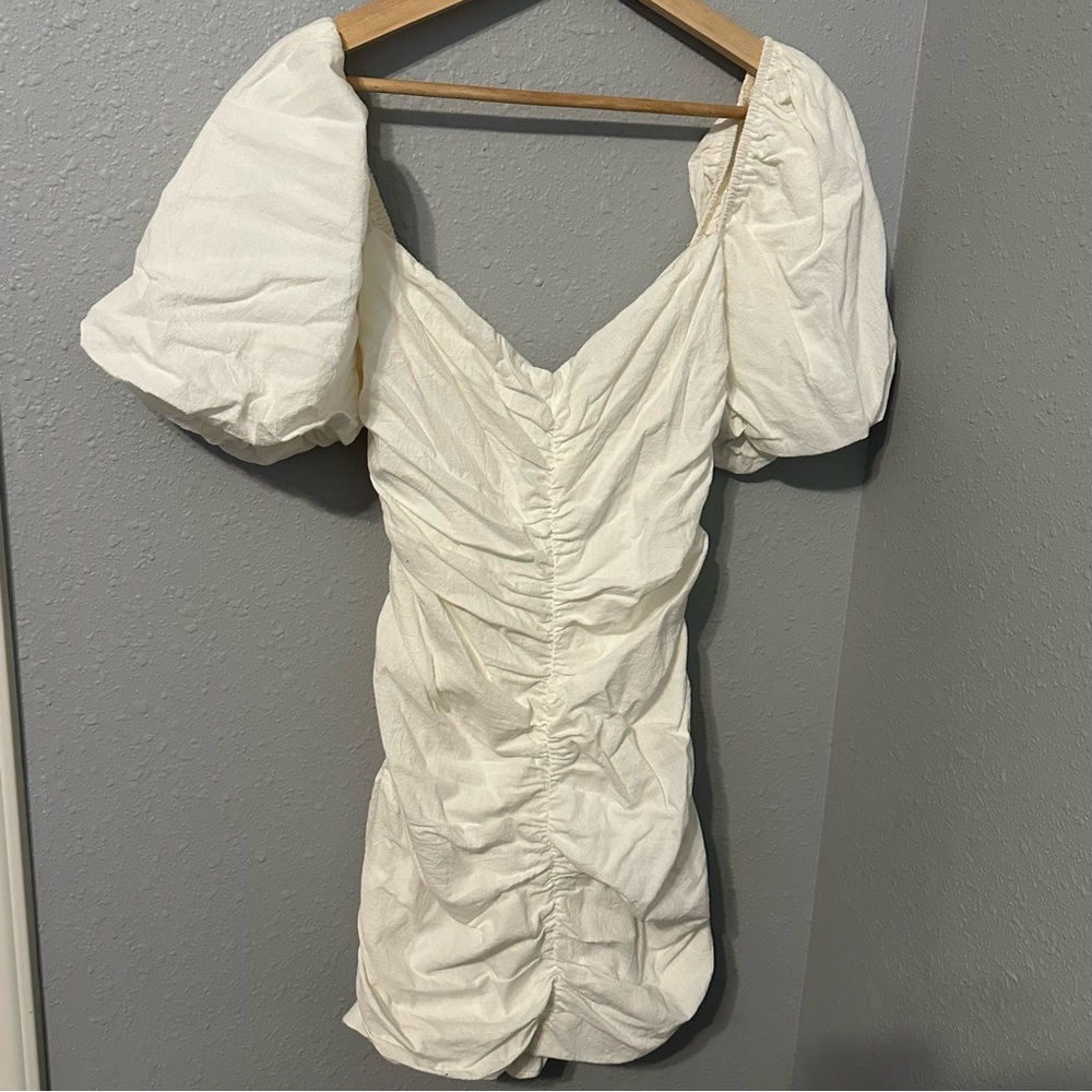 White Ruched Puff Sleeve Dress